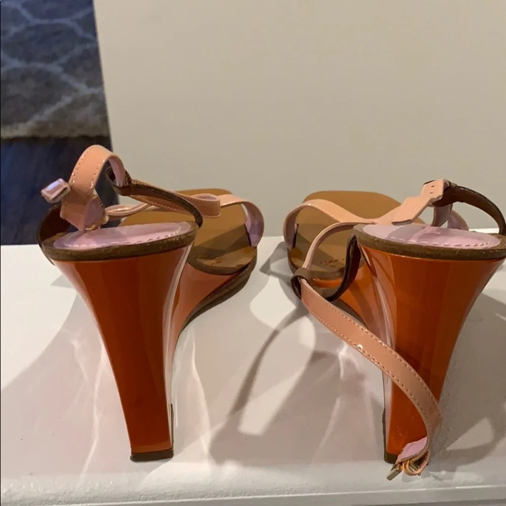 Louis Vuitton Pink and Brown Patent Leather Wedge Sandals